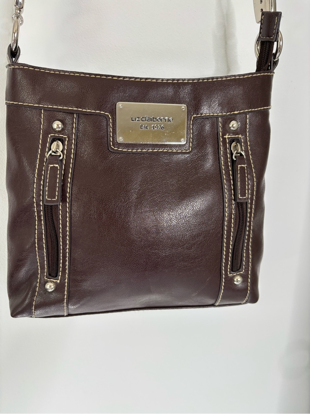 Liz Claiborne Dark Brown Leather Crossbody with Front Zip Details